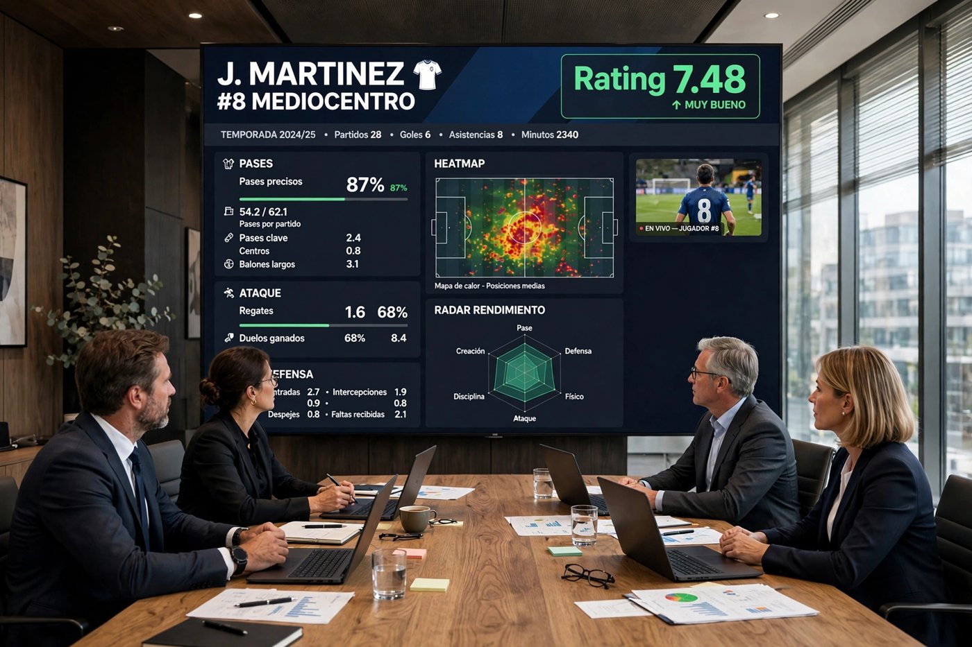 Reunión del área deportiva analizando el informe de rendimiento de un jugador