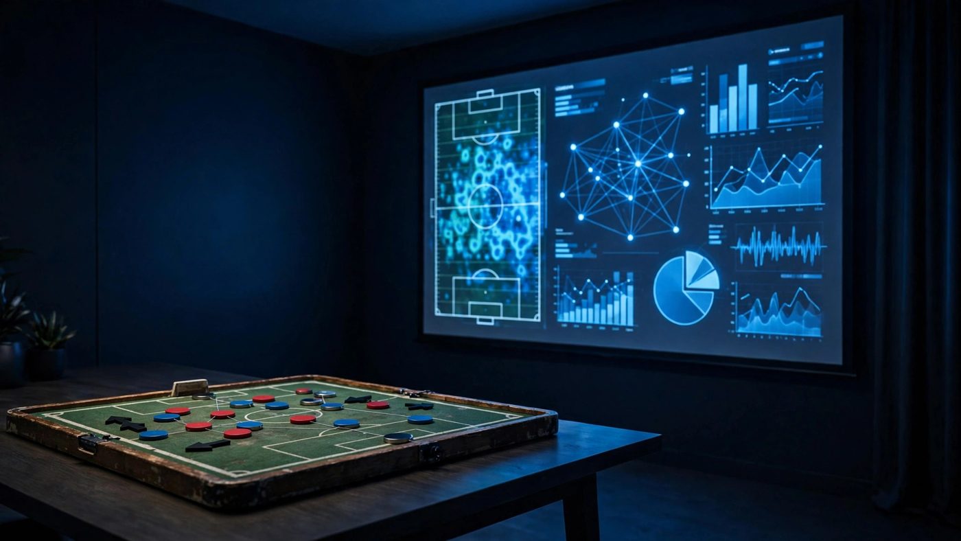 Pizarra táctica clásica con fichas sobre una mesa frente a una pantalla con mapas de calor y datos de fútbol