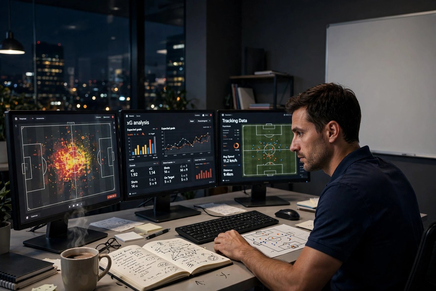 Analista de fútbol de noche frente a pantallas con mapas de calor y datos de partido
